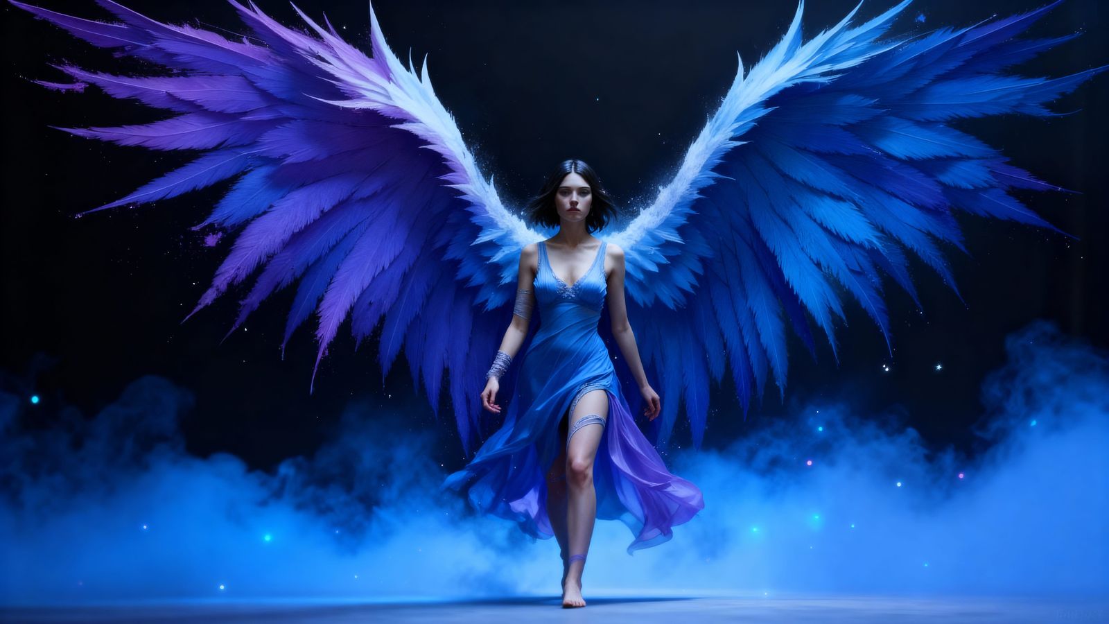 Menacing Angel with Blue-Purple Wings in Dark Fantasy Style