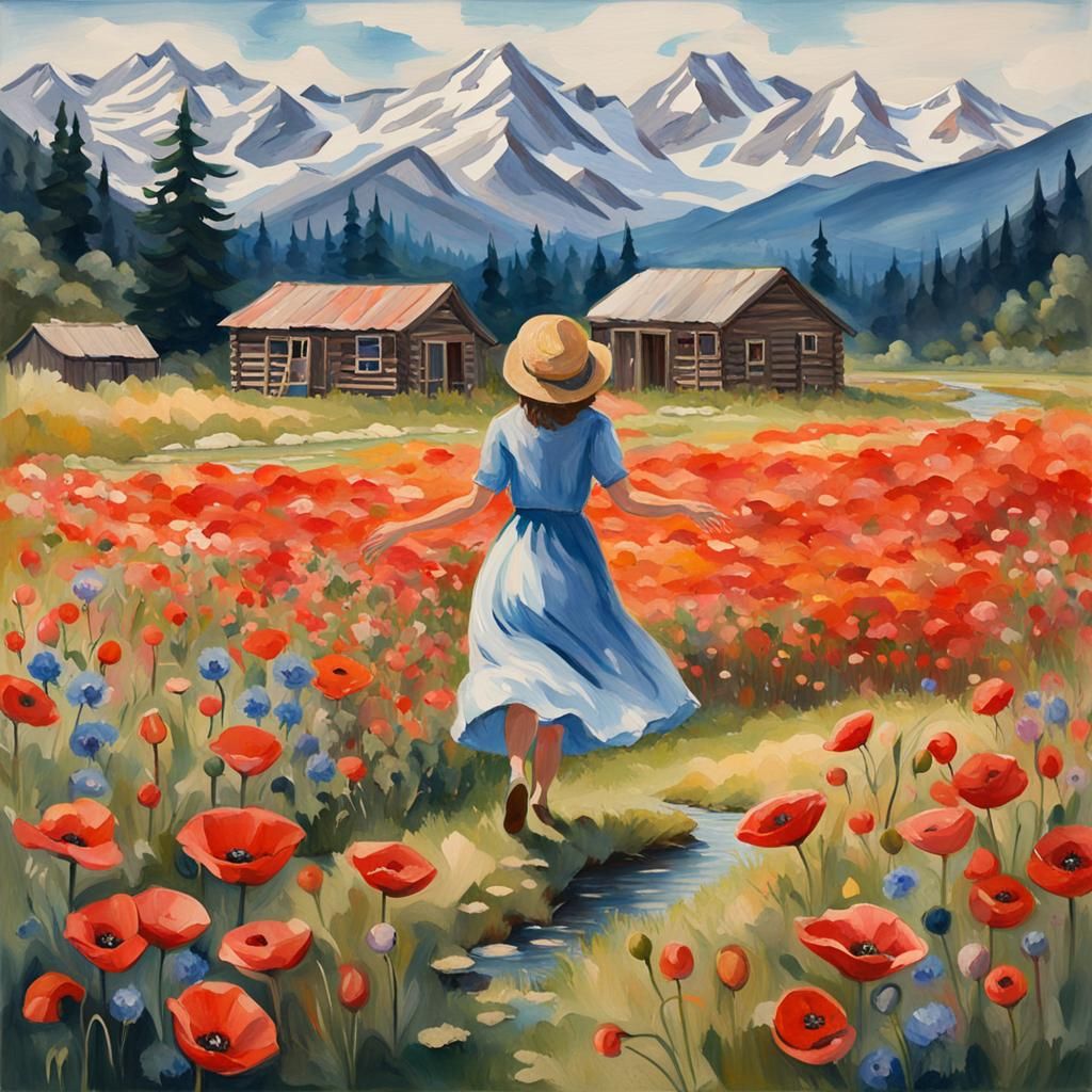 Poppy Field Gouache Painting with Dancing Girl