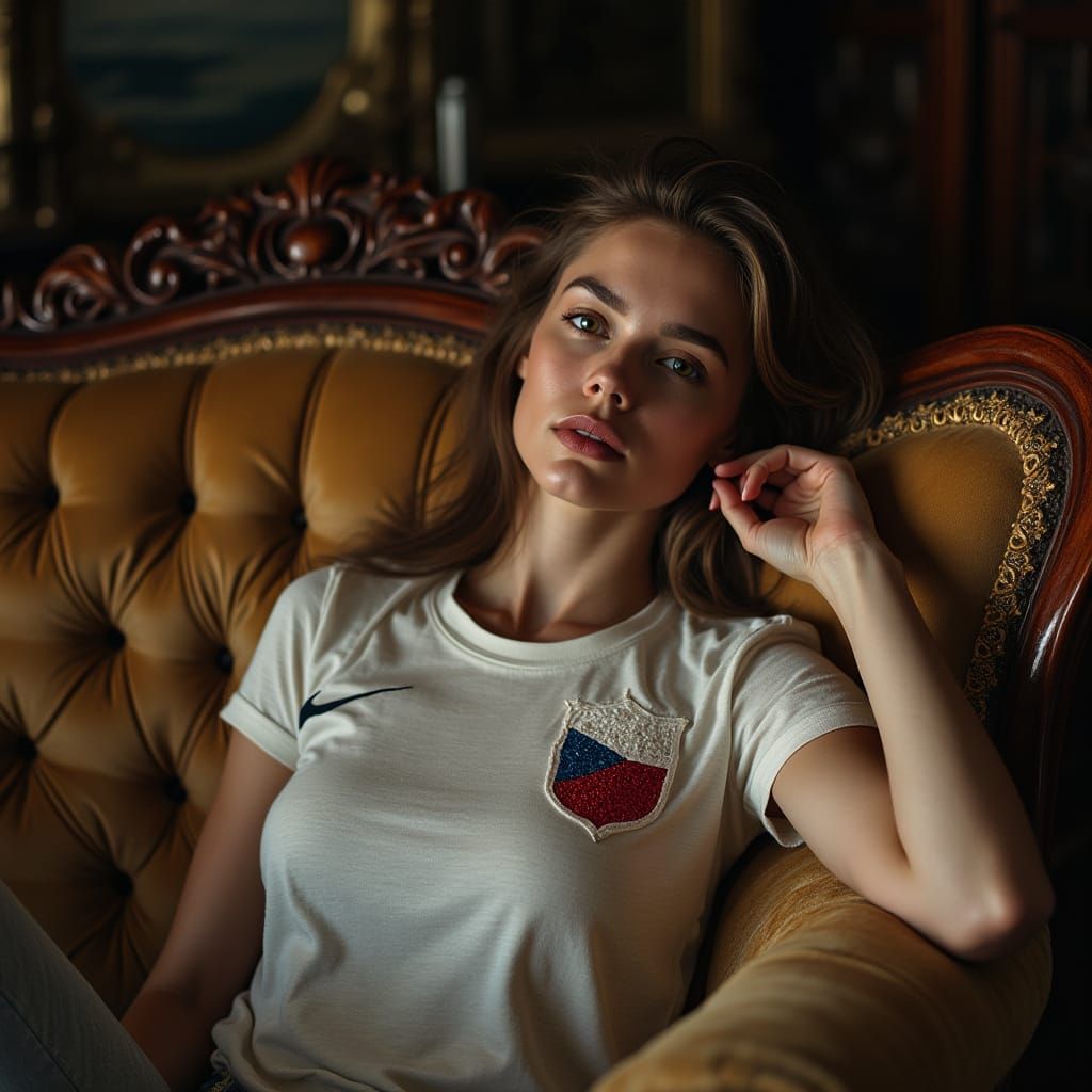 Woman in Distressed T-Shirt on Velvety Sofa in Hyper-Realist...