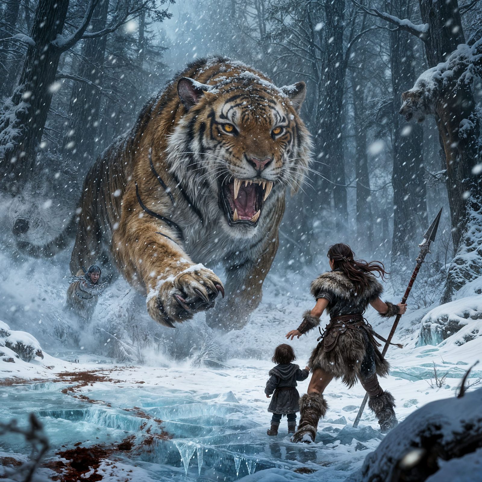 Woman Warrior Protects Child From Saber-Toothed Tiger in Bli...