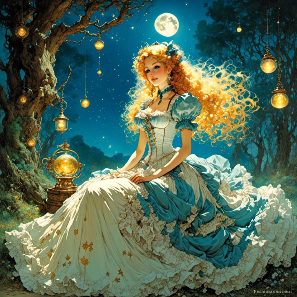 Steampunk Alice in Wonderland in Starry Night Sky