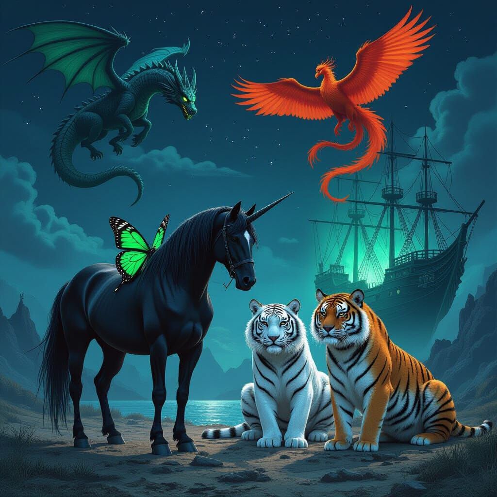 Mythical Creatures Under a Dark Sky, in Dark Fantasy Style