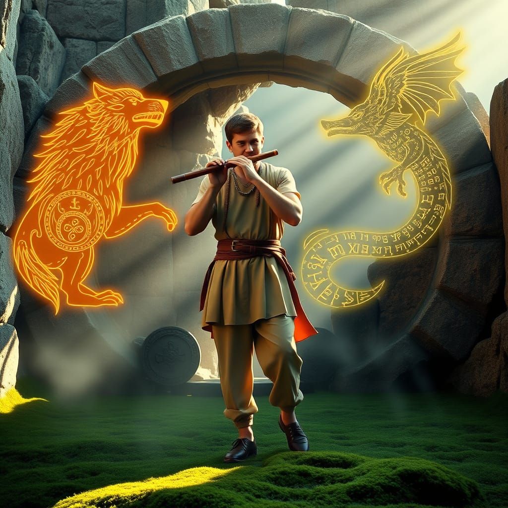 Celtic Bard Plays Flute, Spirit Animals Emerge in Stone Circ...