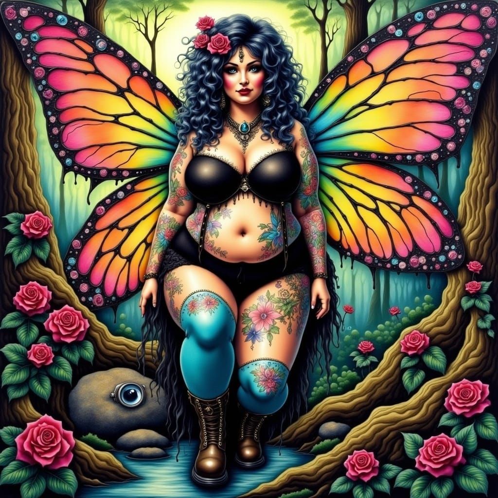 Delinquent Fairy Portrait with Tattoos, in Alcohol Ink Style