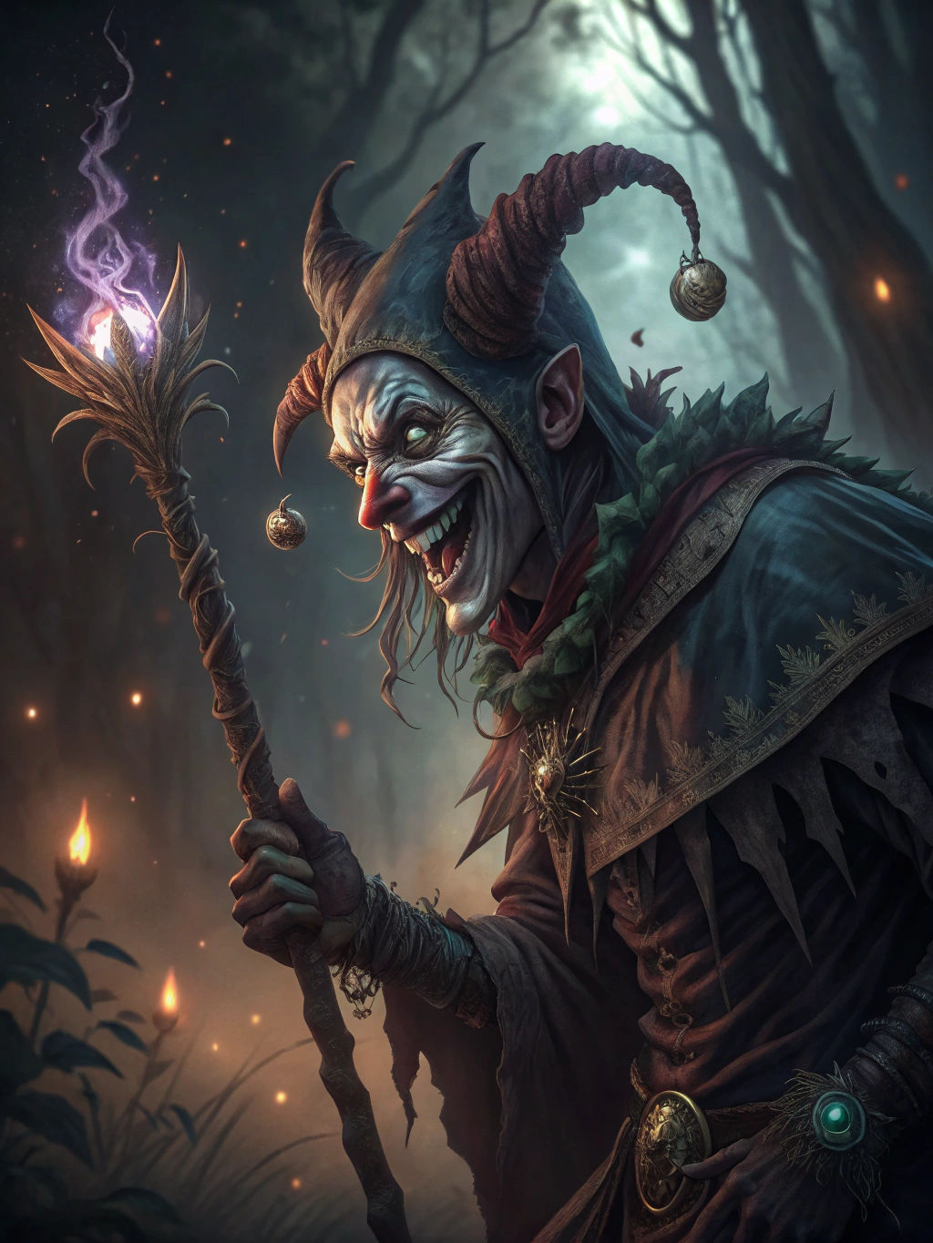 Dark Satanic Jester with Magic Wand, Intricate Details