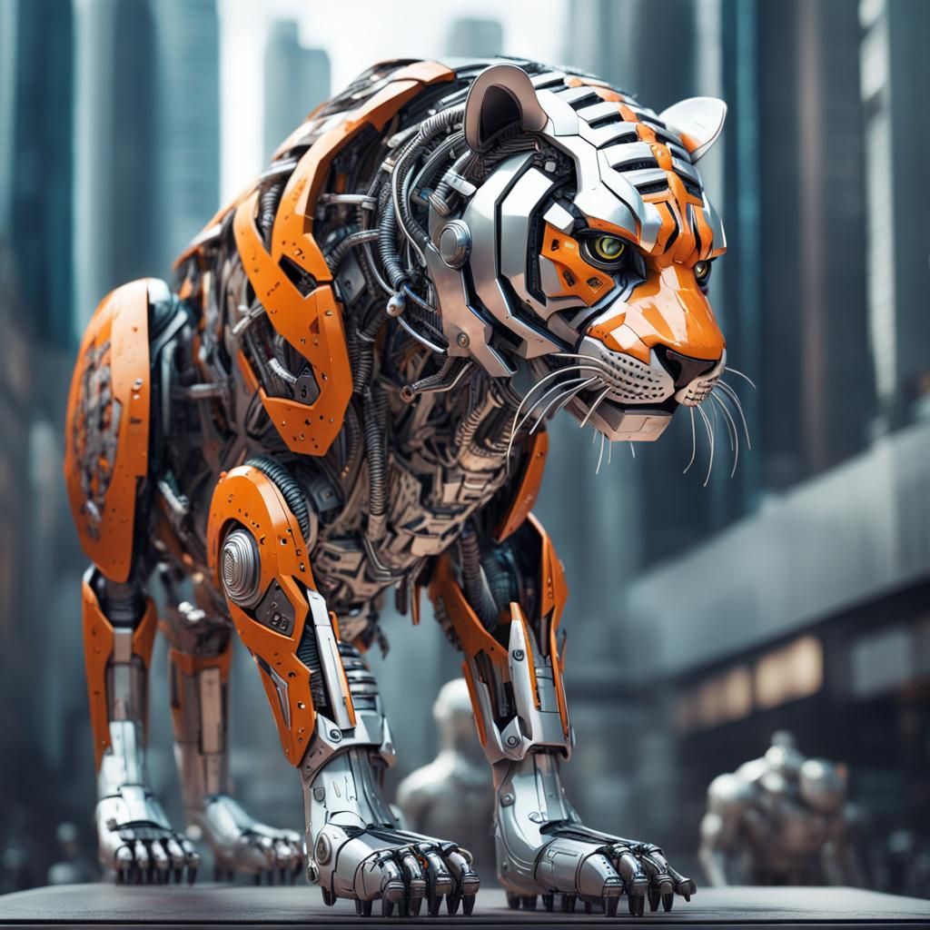 Futuristic Cyberpunk Robotic Tiger in Cityscape
