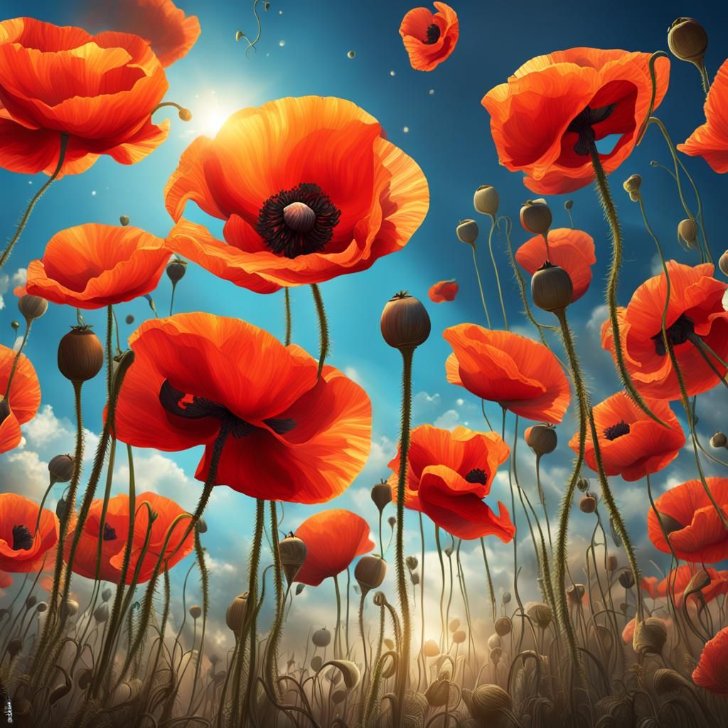 Upside-Down Poppies in a Gravity-Defying Dreamscape