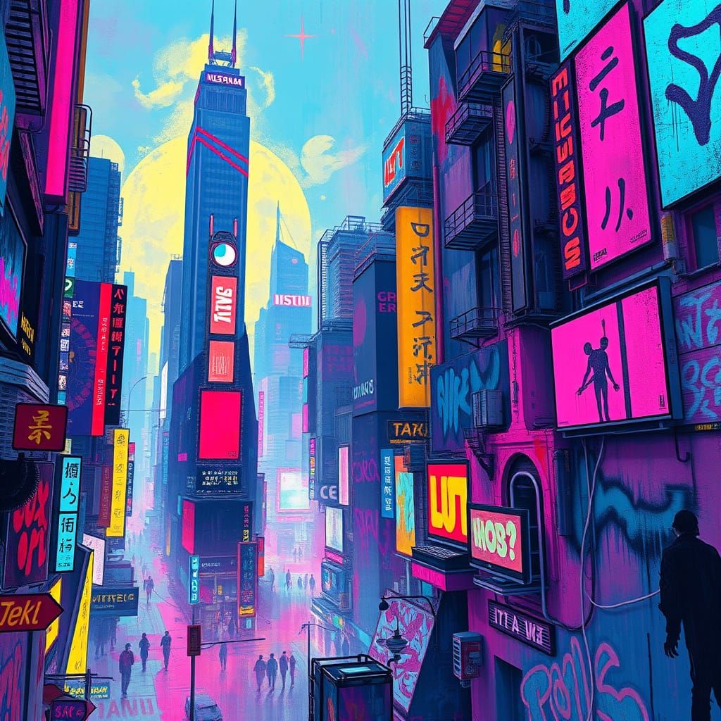 Futuristic Cityscape in Vibrant, Neon Hues