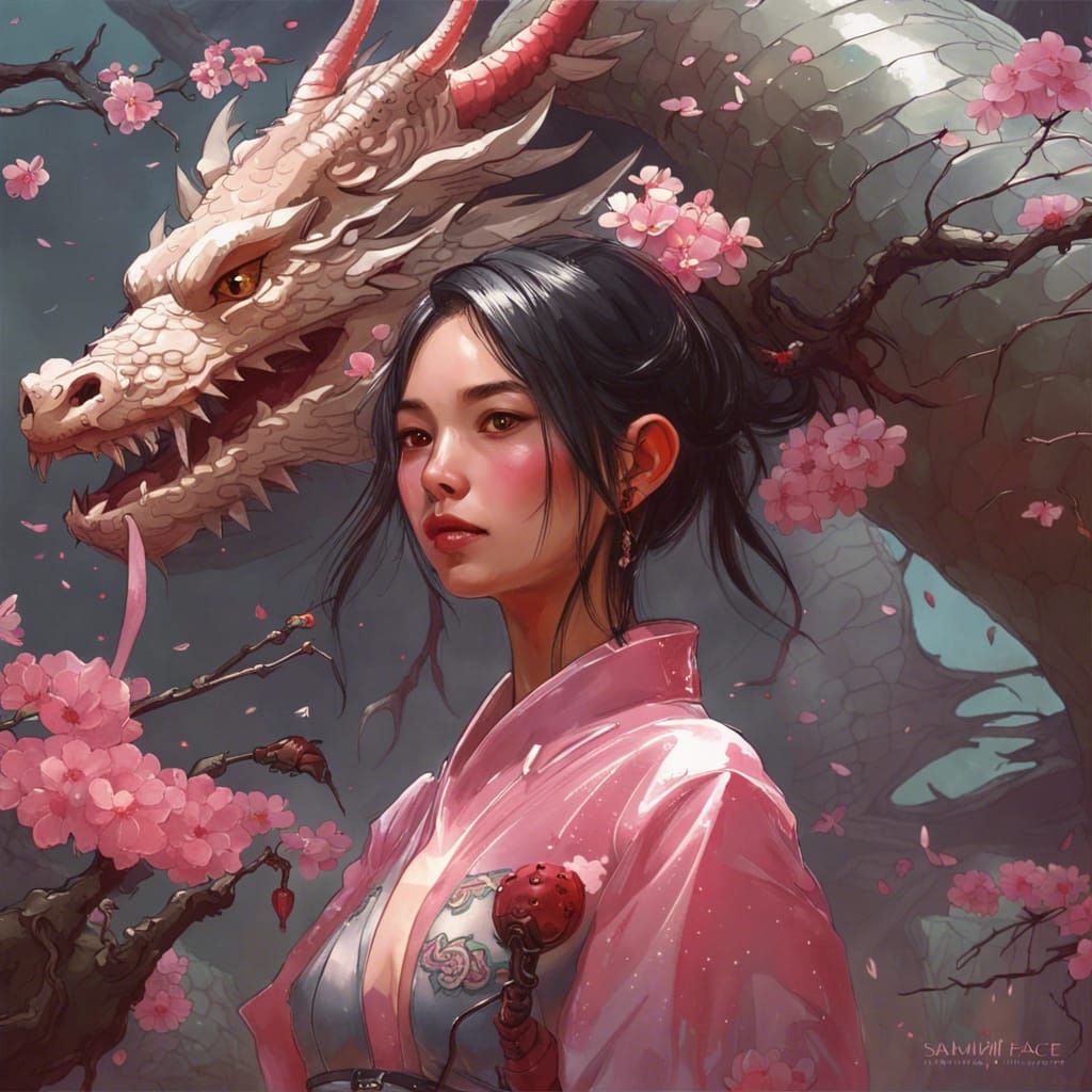 Fantasy Girl with Dragon in Cherry Blossom Setting