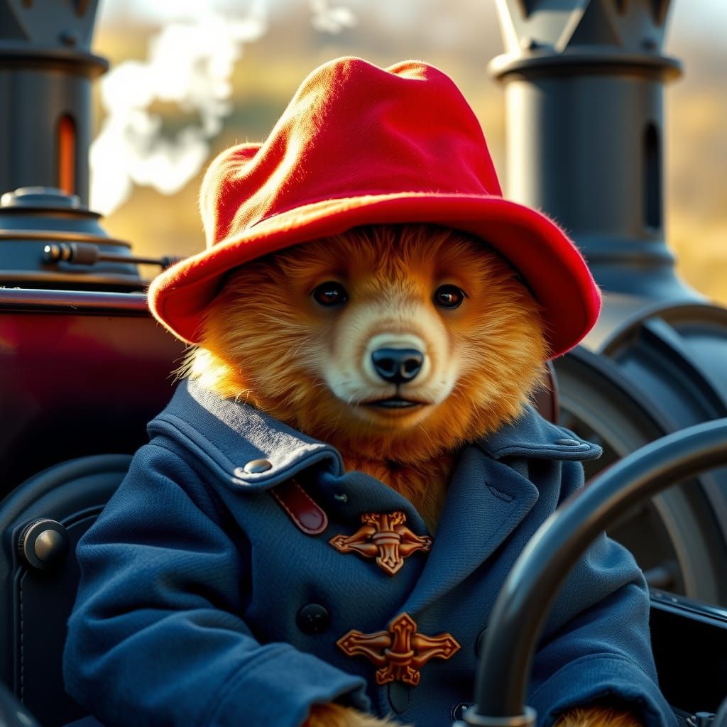 Paddington Bear Chugs Along in Vintage Steam Locomotive