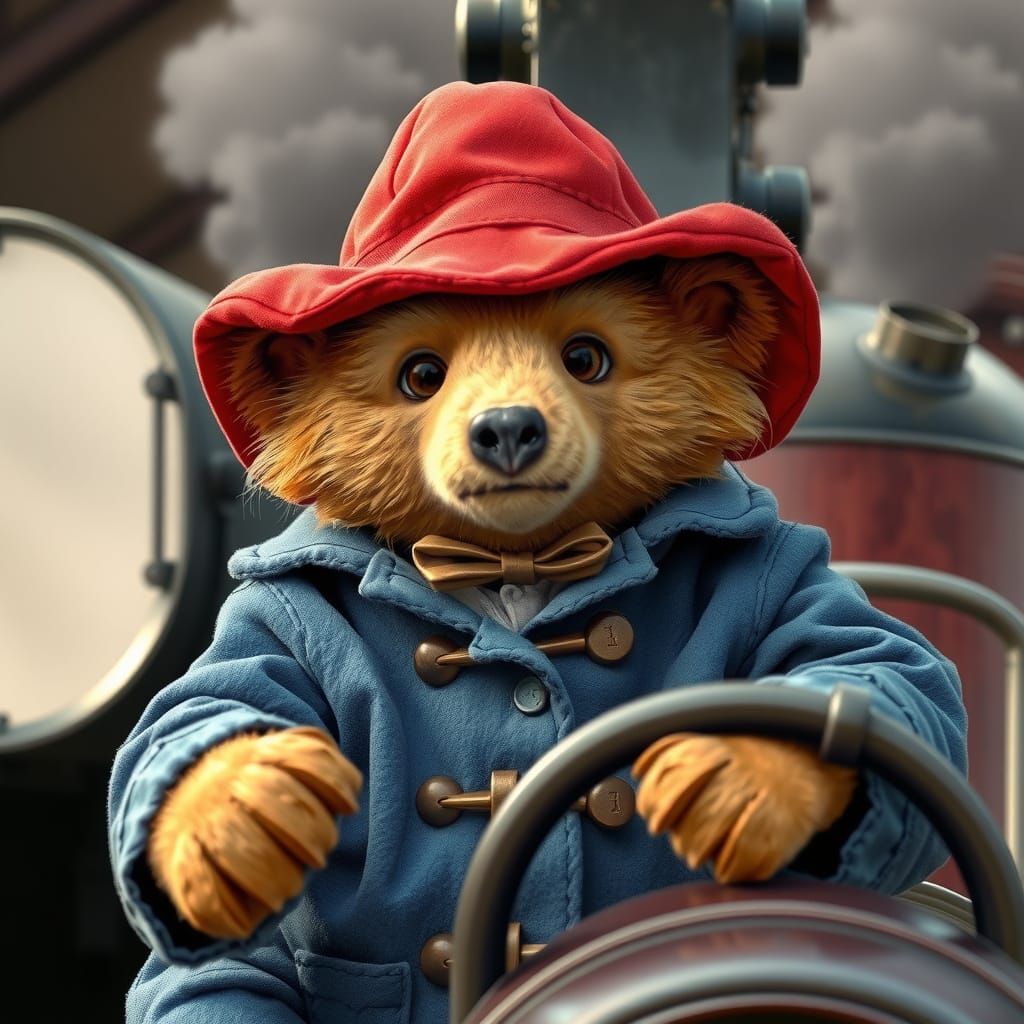 Paddington Bear Chugs Along in a Vintage Locomotive