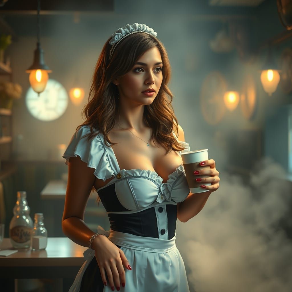 Maid Bikini Woman Serving Coffee in Ethereal Pub