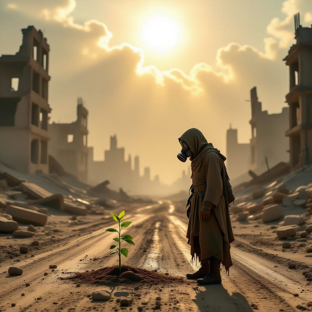 Hopeful Traveler in Smog-Filled City Ruins