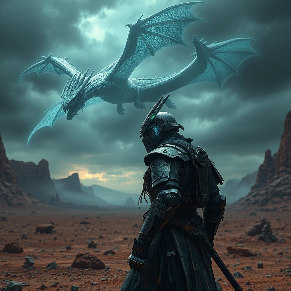 Cybernetic Samurai and Bioluminescent Dragon on Alien World