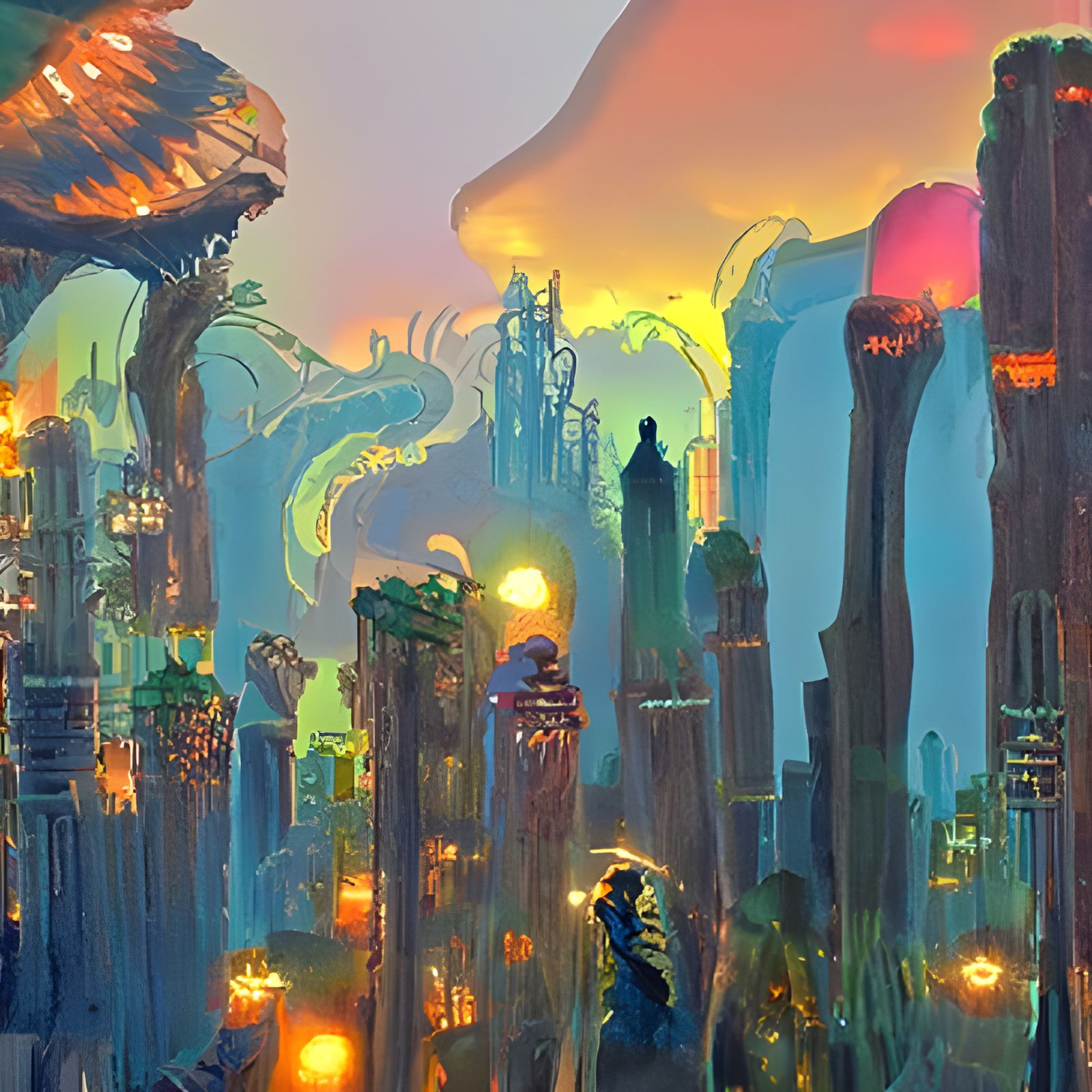 Glowing neon Cyan and Purple Alien Cityscape