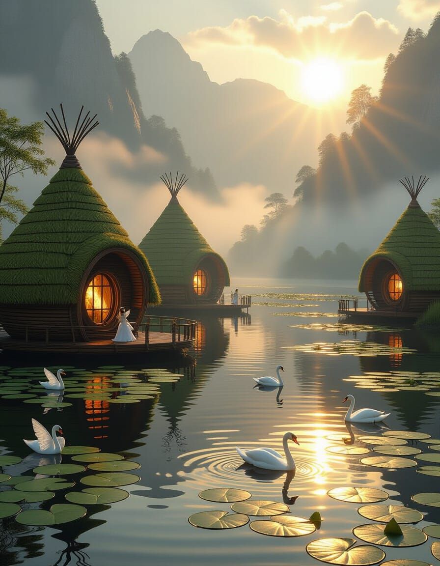 A misty lake at golden hour