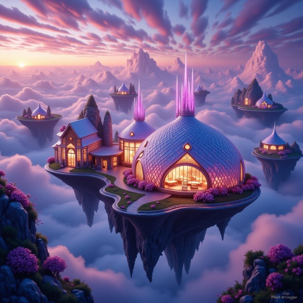 Futuristic Yurt Homes on Floating Islands in Anime Style