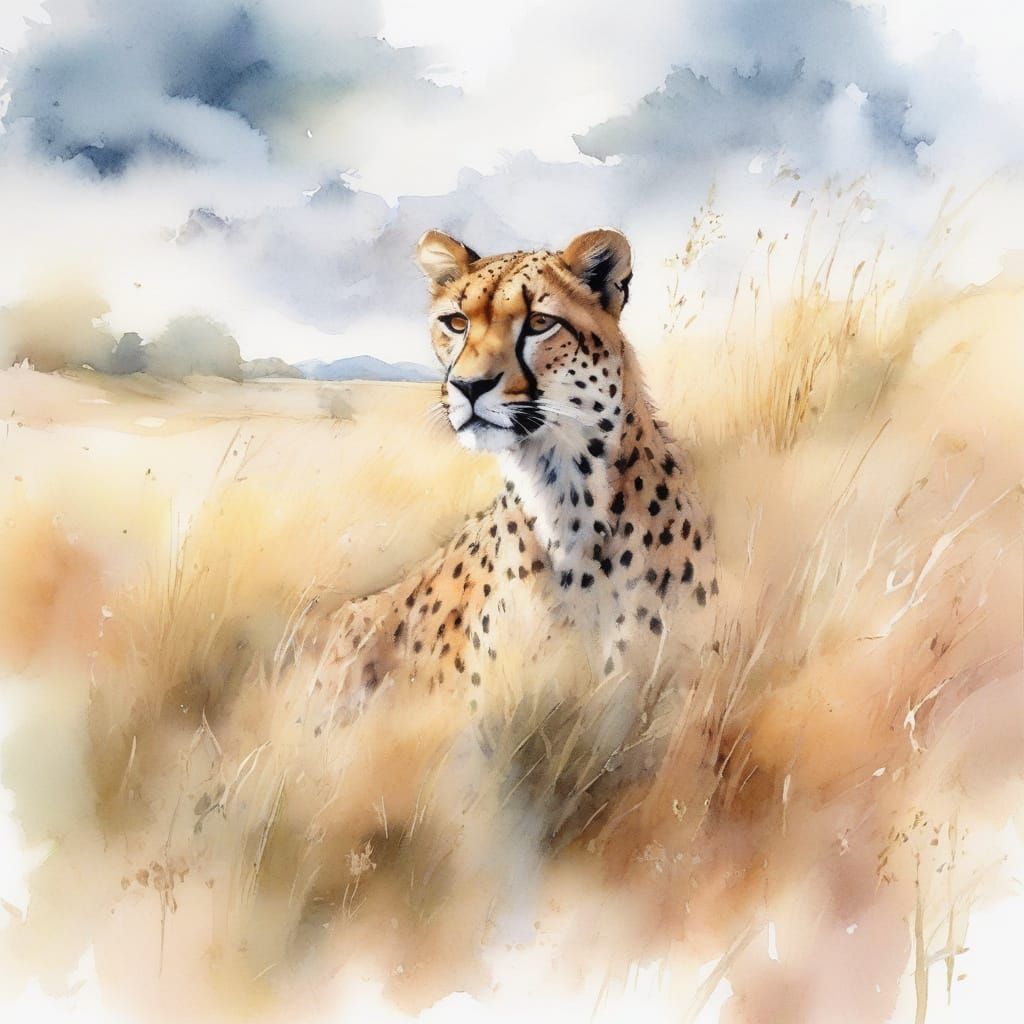 Regal Cheetah in Golden African Savannah Watercolour