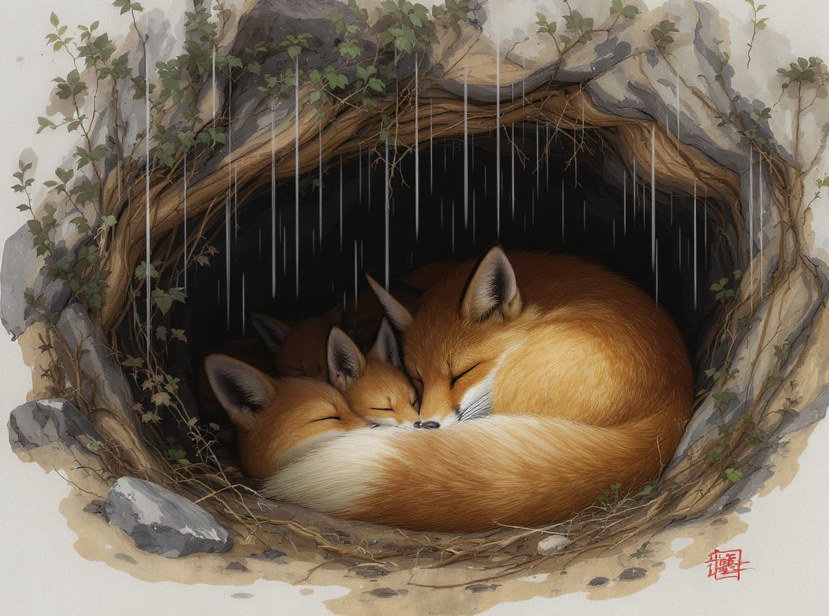 Mother Fox and Kits Sleeping Peacefully in Den