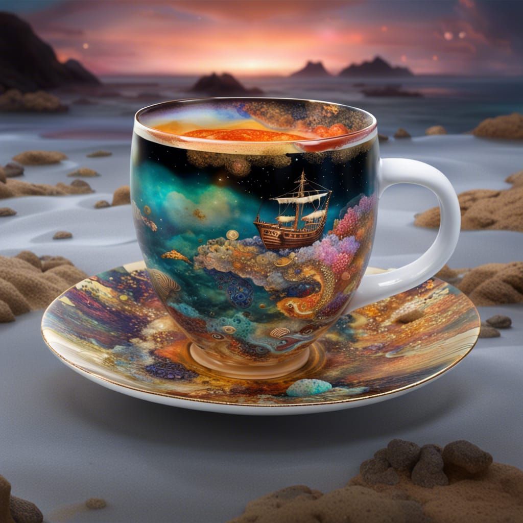 Coral Reef Teacup in Ghibli Klimt Style