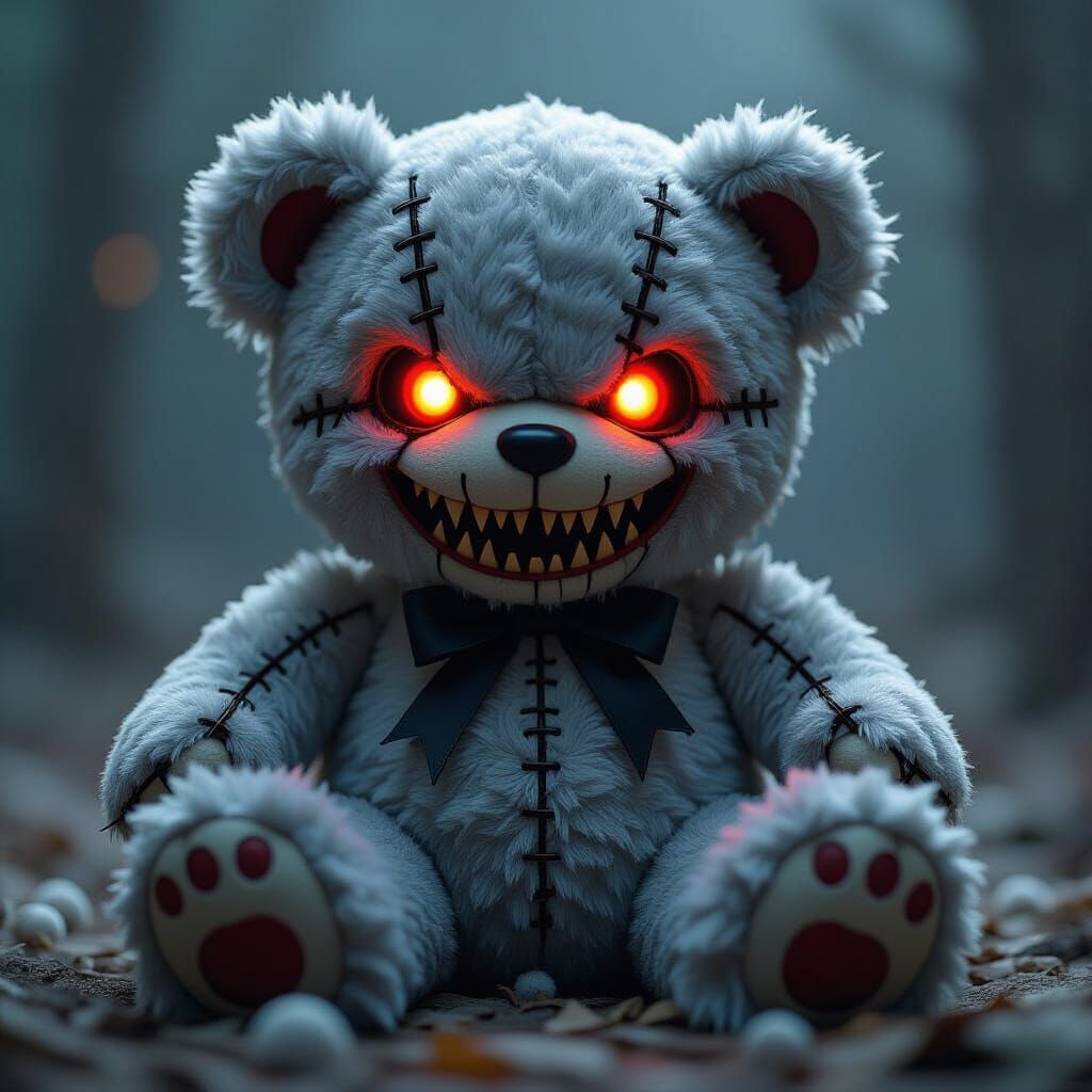 Creepy Teddy Bear with Glowing Red Eyes