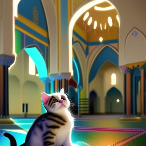 Cute Kitten in Mosque with Rainbows