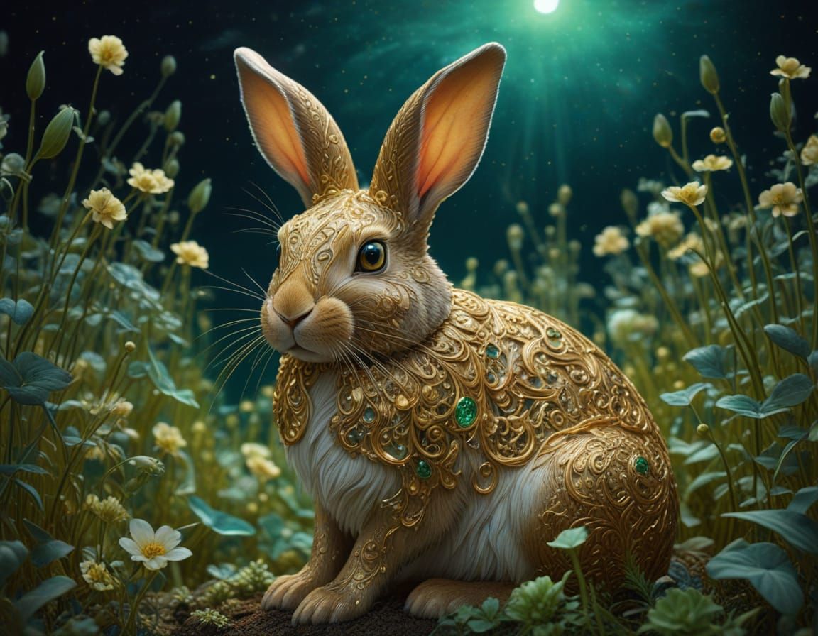 Golden Rabbit with Emerald Eyes in Bioluminescent Field