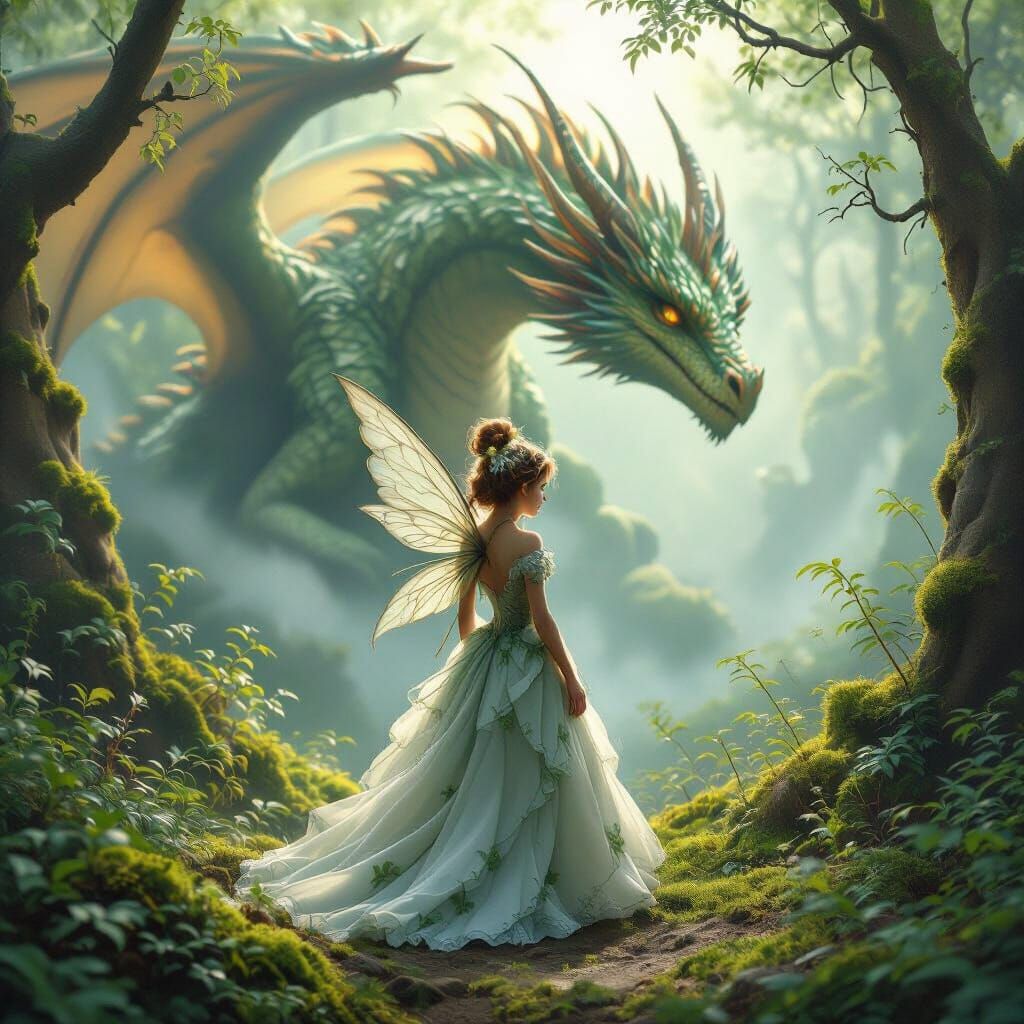Pixie and Dragon in Enchanted Forest, Whimsical Art
