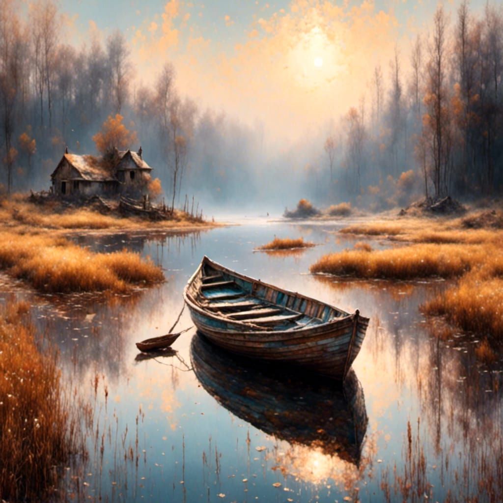 Solitary Rowboat on Lake Shore