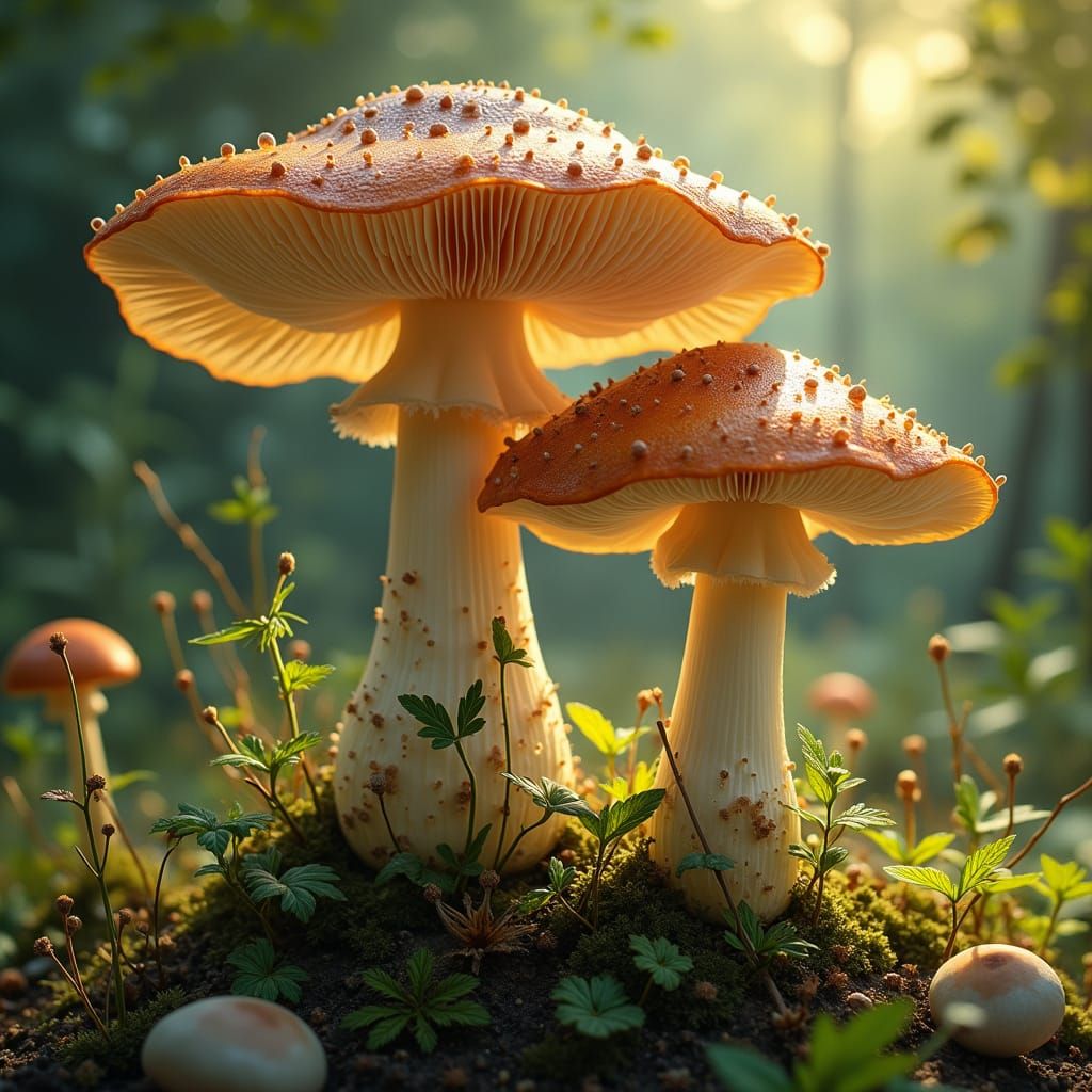 Realistic Mushroom with Dewdrops in Botanical Art Style