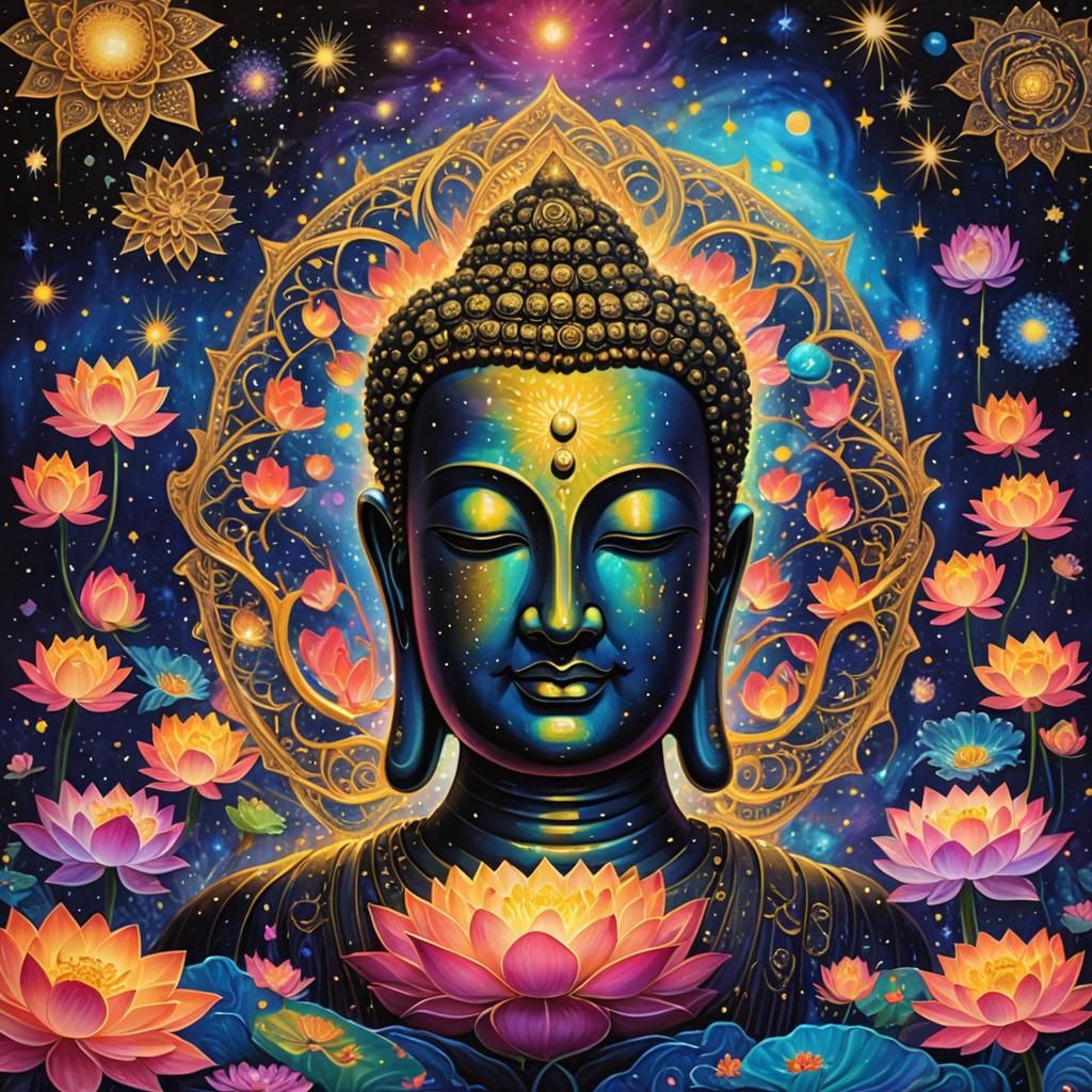 Golden Buddha with Lotus Flowers in Blacklight Style