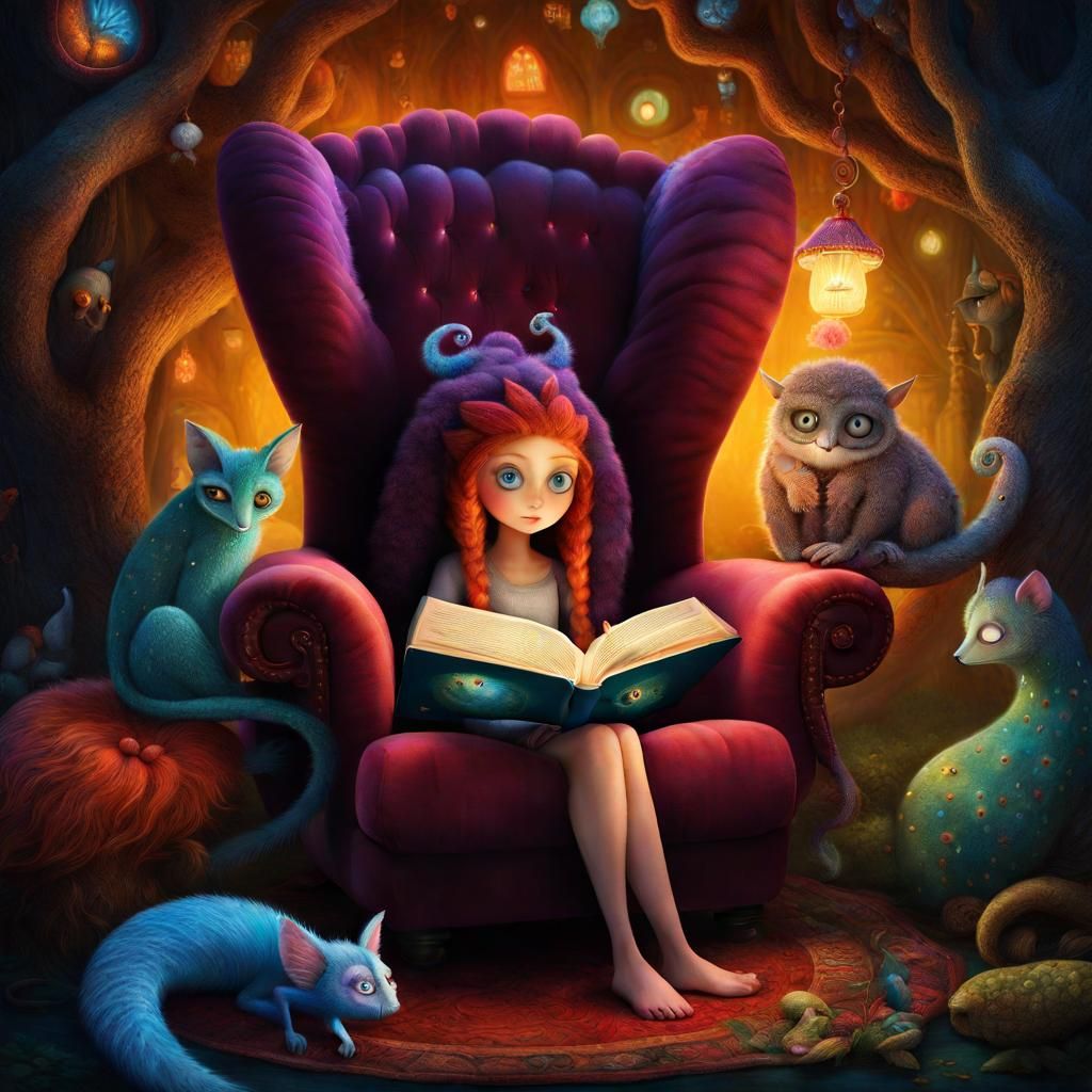 Girl Reads to Creature in Dreamy Landscape