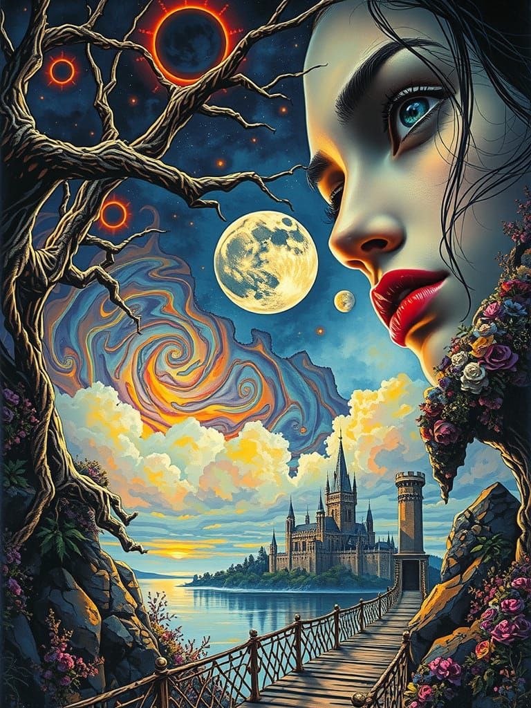 A woman's face, shrouded in mystery, with an enigmatic gaze,...