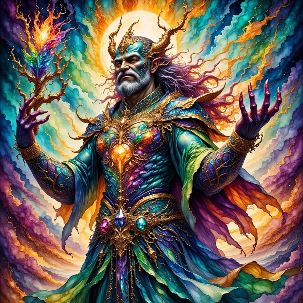 Demiurge Creates Man in Alcohol-Ink Fantasy Realm