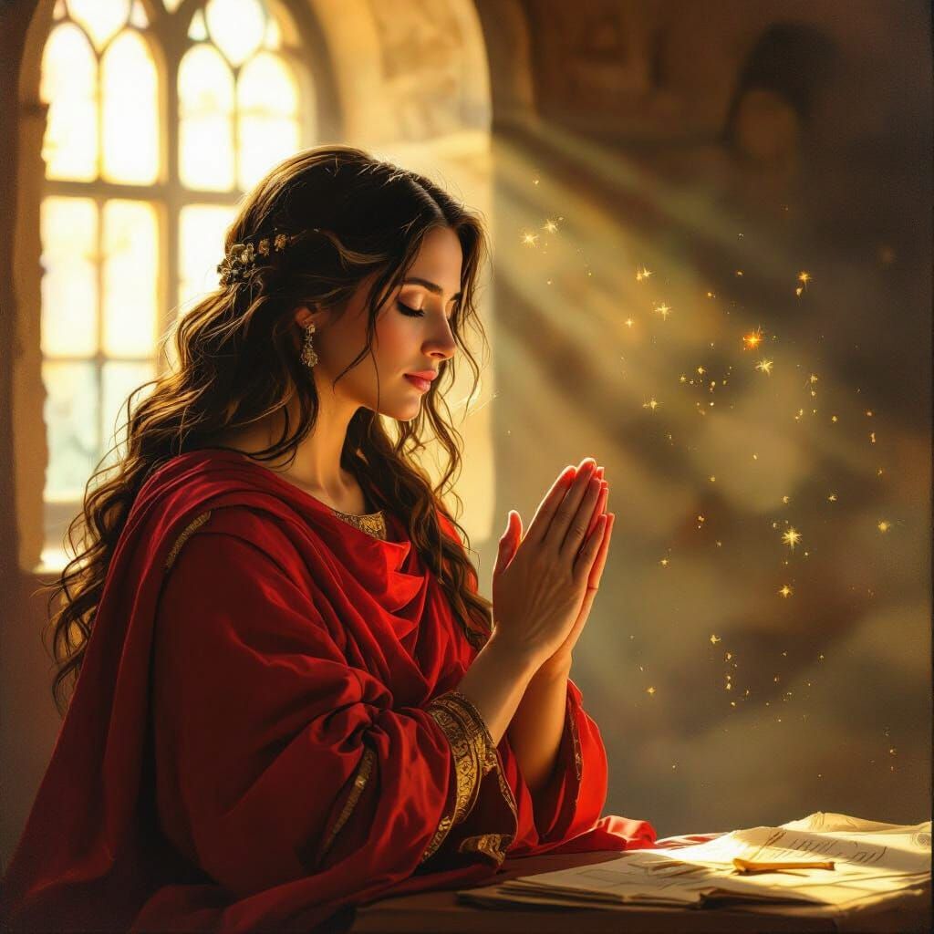 Ancient Roman Mother in Red Dress Praying in Golden Hour Lig...