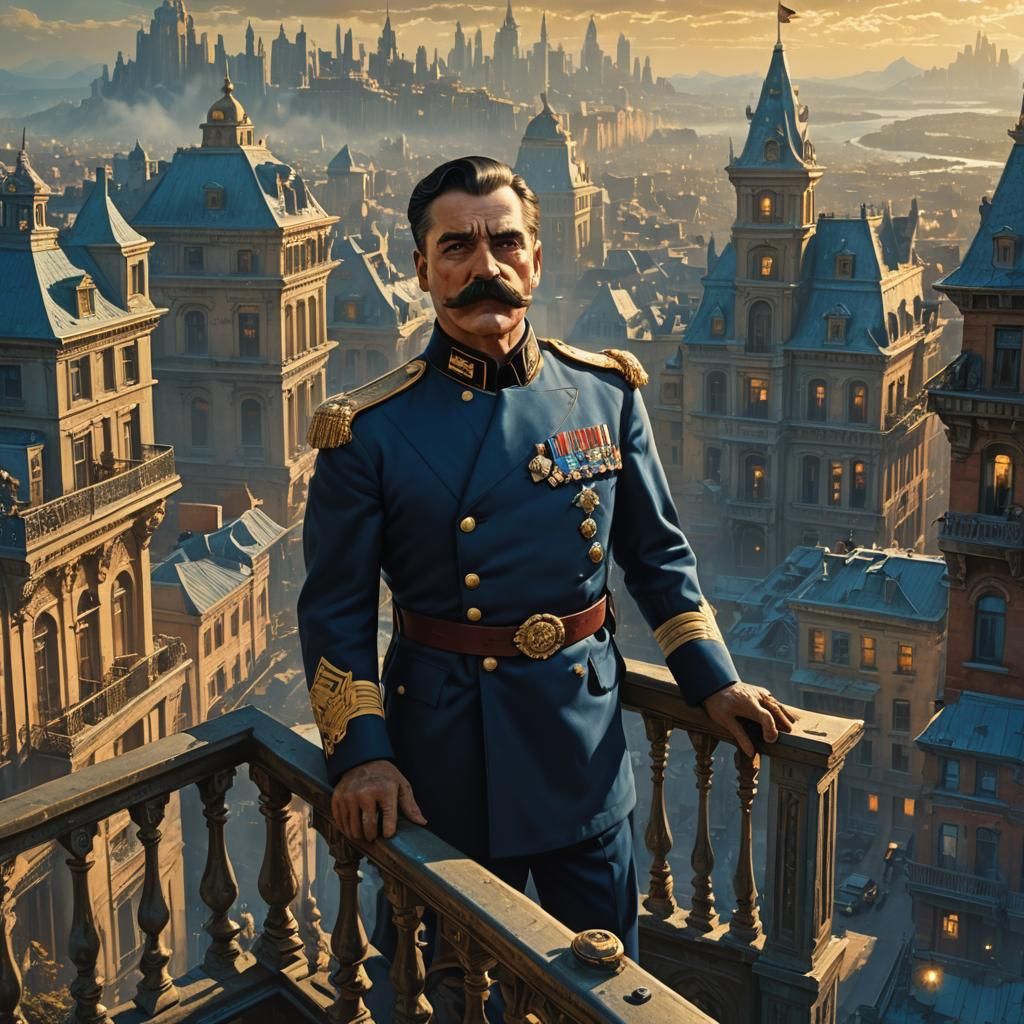 Futuristic Dictator on Balcony with Vivid Cityscape