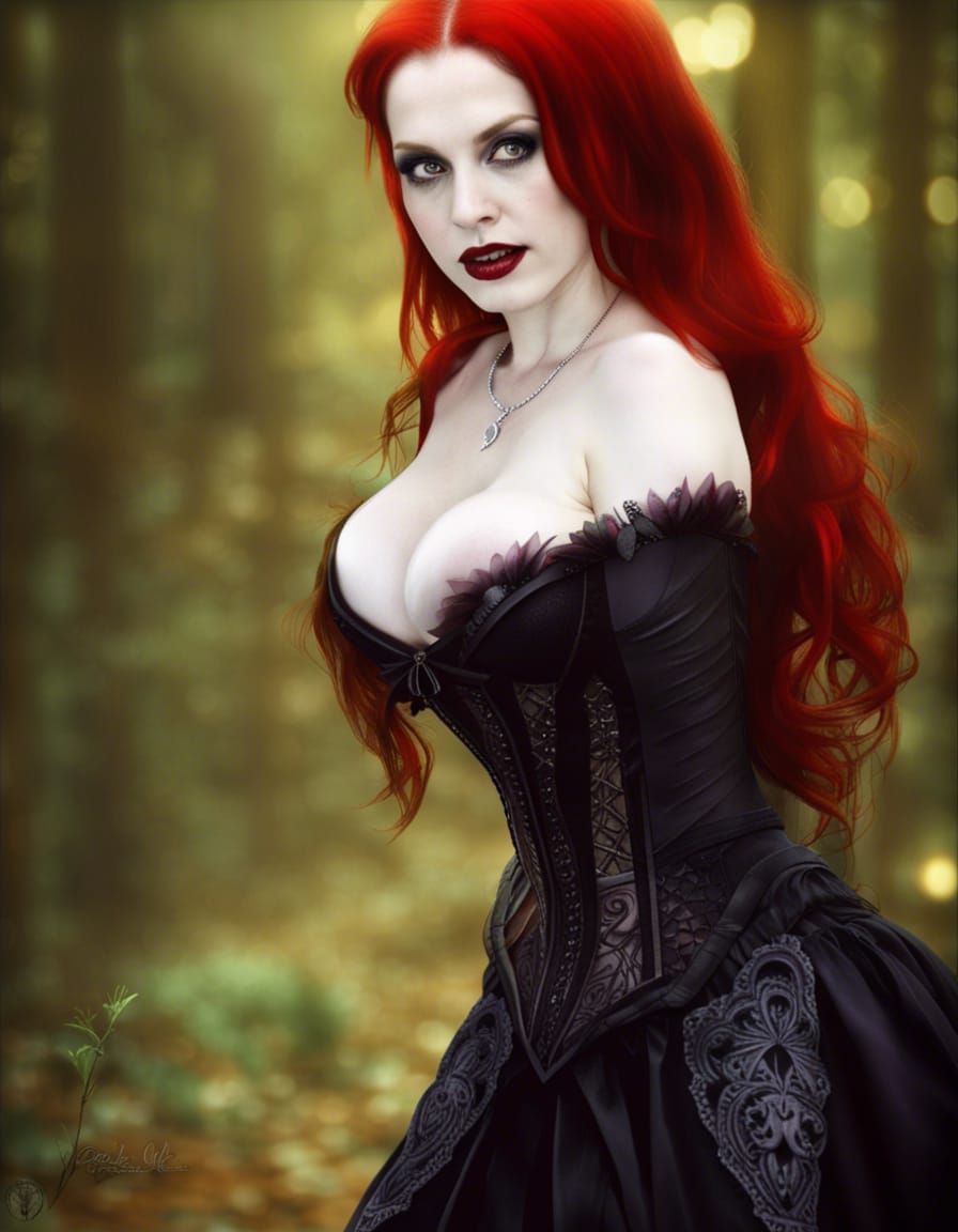 Redhead Vampire in Gothic Dress at Night