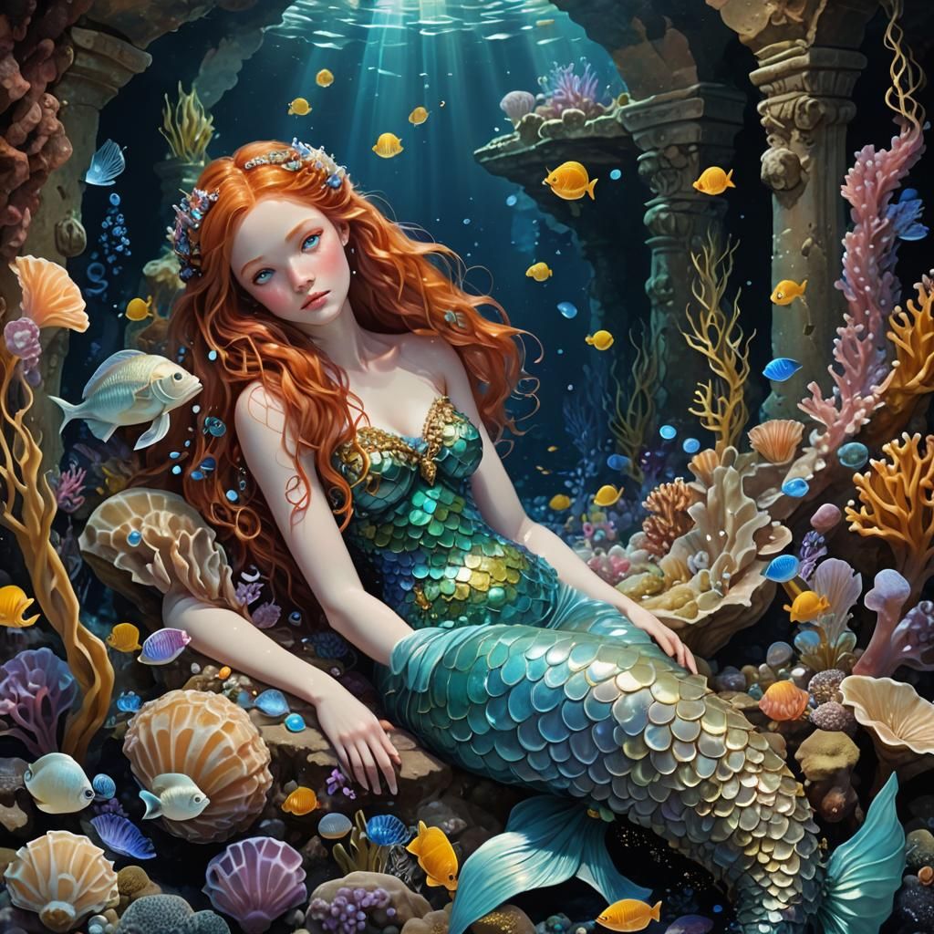 Pregnant Mermaid in Underwater Grotto