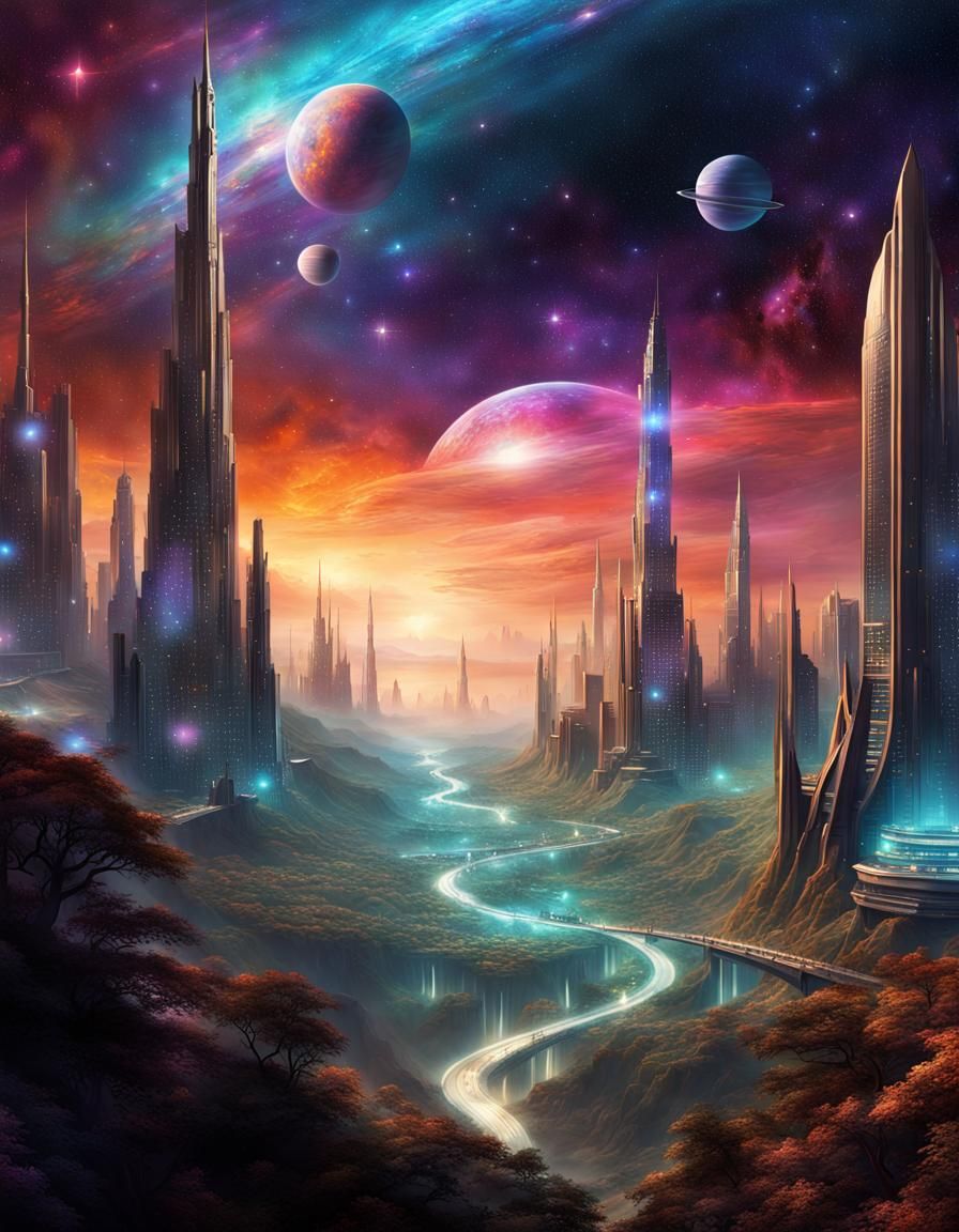 Futuristic Alien City Under a Cosmic Sky