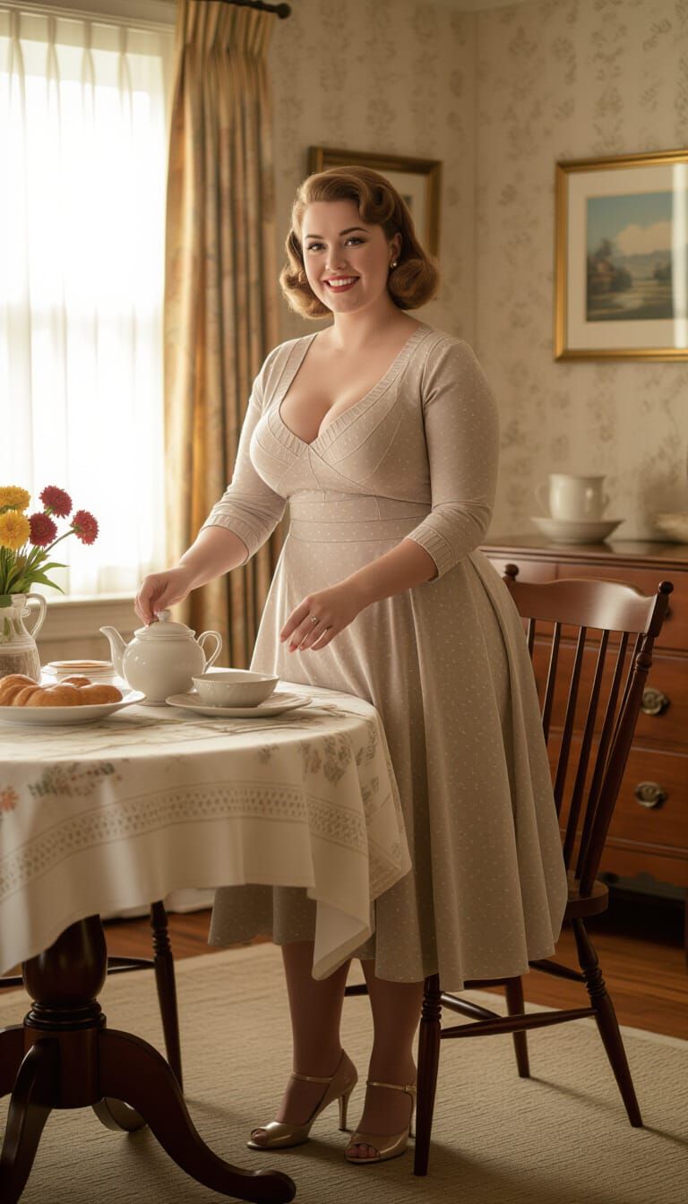 Vintage Pin-Up Tradwife Setting Autumn Breakfast Table