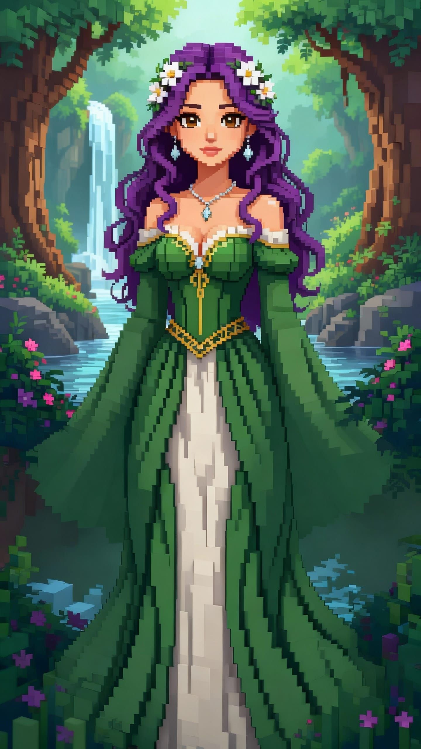 Pixel Art Princess in Enchanted Forest with Waterfall