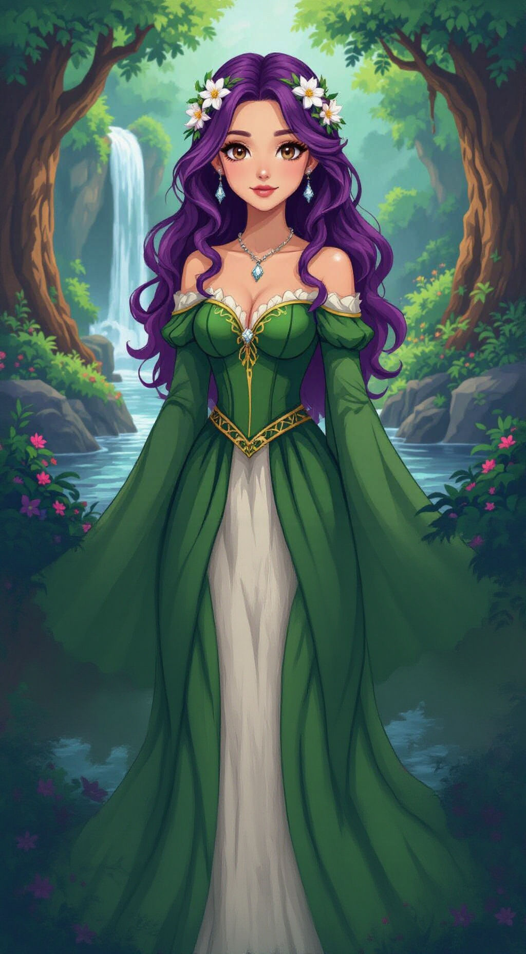 Pixel Art Princess in Enchanted Forest with Waterfall