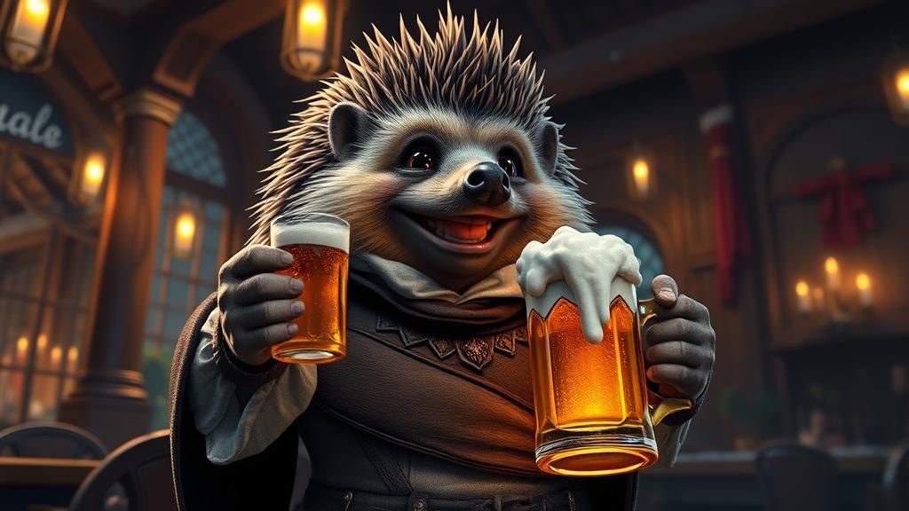 Hedgehog Peasant Enjoying Ale, Dark Fantasy Art