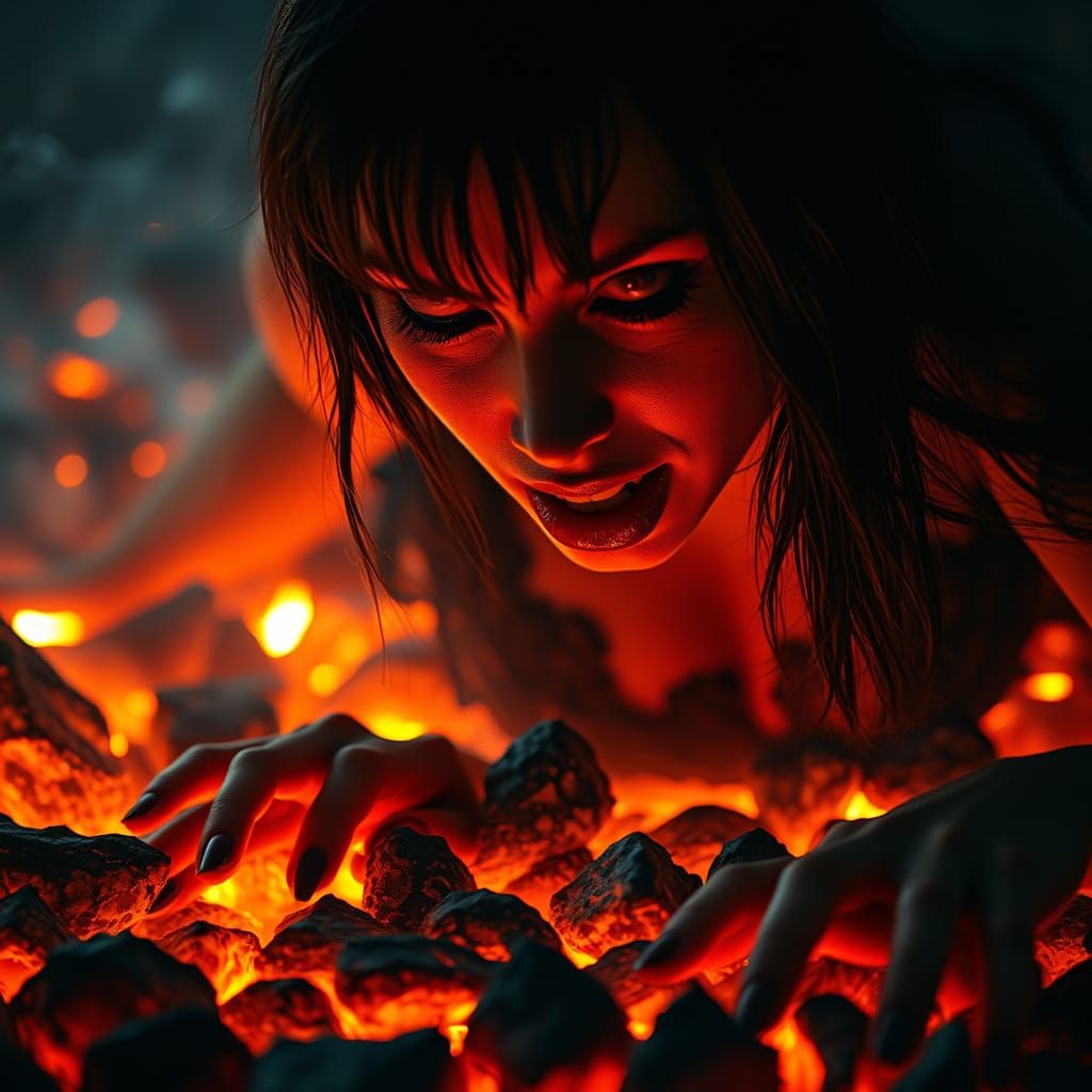 Seductive Vampire Woman Crawling on Hot Coals