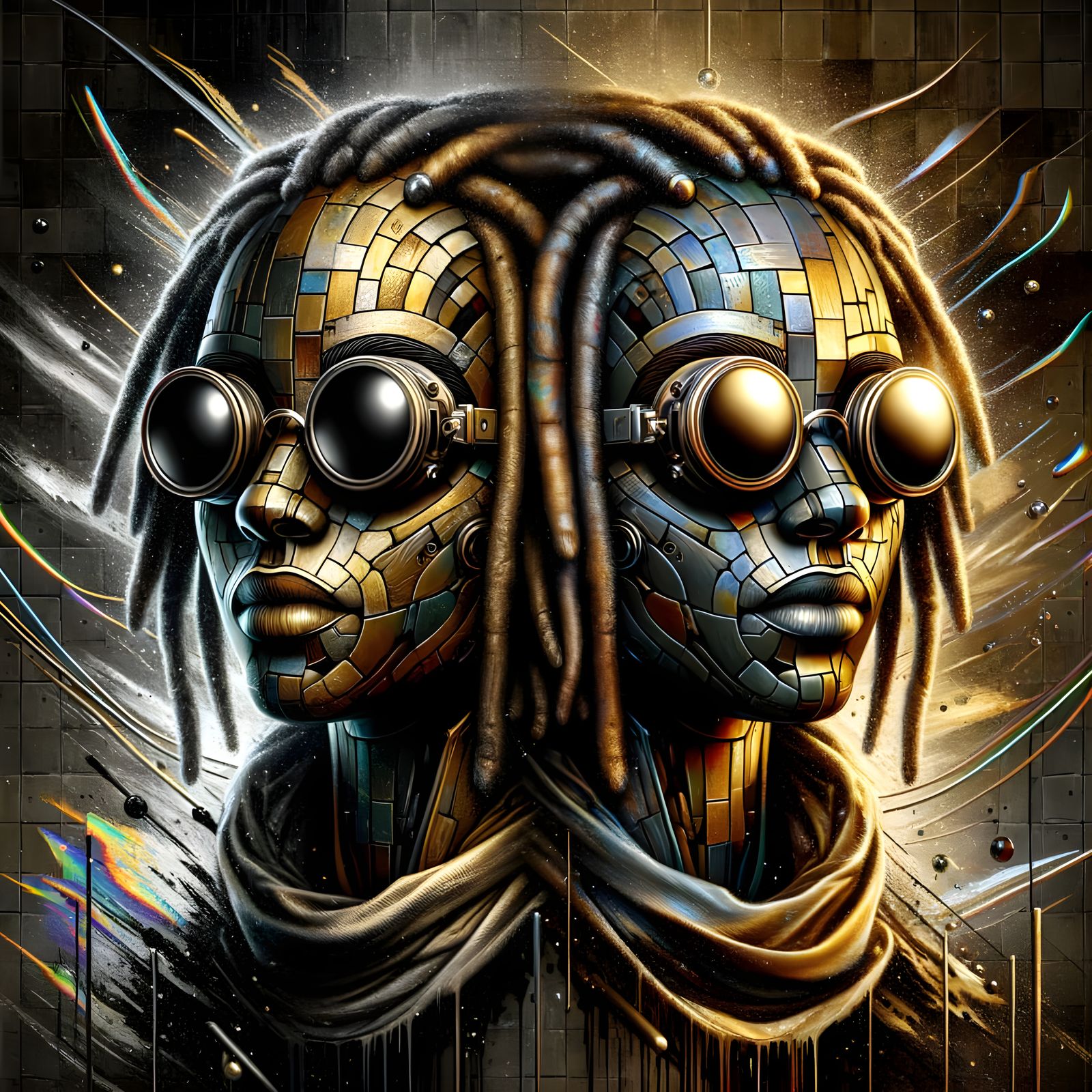 Hyperrealistic Cubist Twins with Cracked Paint Texture