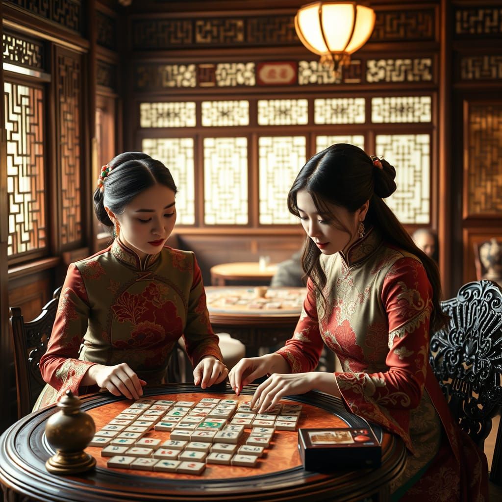 Chinese Women Play Mahjong in Elegant Tea House Setting