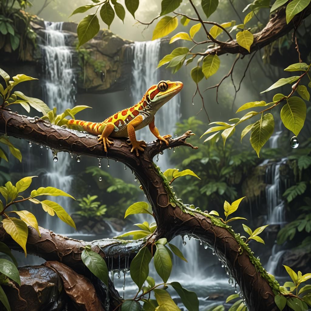 Cute Gecko Overlooking Waterfall in Digital Art