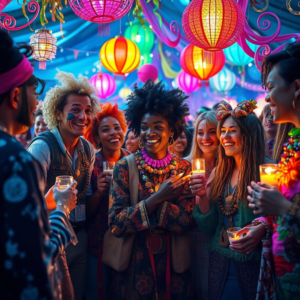 Vibrant Gathering Scene in Fantastical Art Style