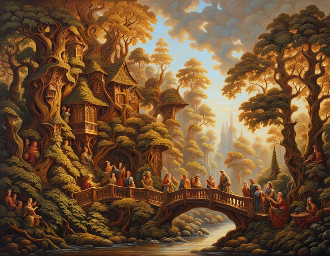 Renaissance Wood Relief Carving of Forest Elves