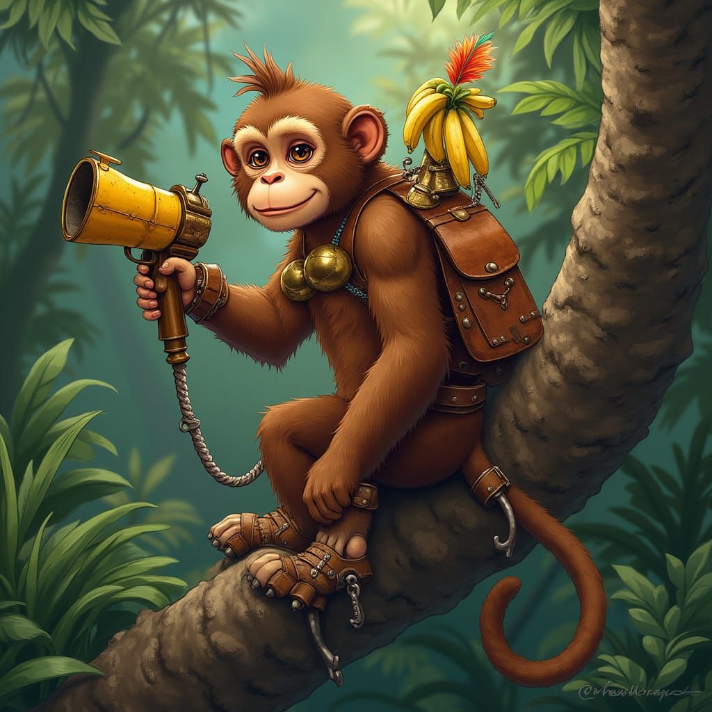 Brown Monkey with Saddle and Whimsical Accoutrements in Jung...